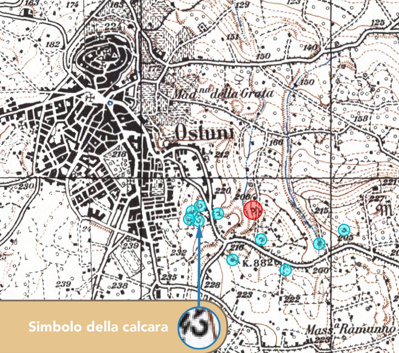 Mappa IGM del 1949 con le calcàre di Ostuni